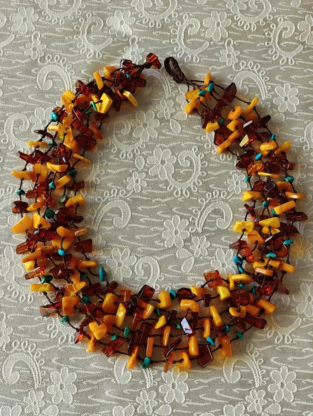 Genuine Amber & Turquoise Six Strand Necklace - Picture 10 of 16